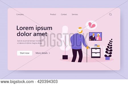 Elder Man Missing Passed Wife. Widower With Broken Heart Looking At Couple Picture. Flat Vector Illu