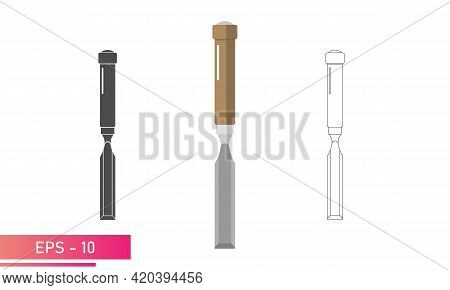 Set, Wood Chisel, Icon. Lines, Solid, Realistic Design. On A White Background. Tools For Carpenters 
