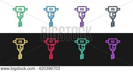 Set Line Electrical Hand Concrete Mixer Icon Isolated On Black And White Background. Handheld Electr