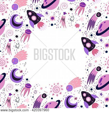 Square Card With Childish Cosmos Pattern With Stars, Comet, Sun And Space Shuttle And Cope Space. Ve
