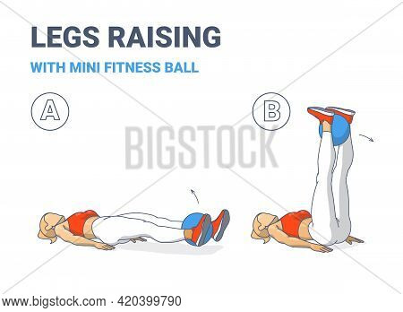 Girl Doing Leg Raises With Fitness Mini Ball Home Workout Exercise Guide Color Illustration.