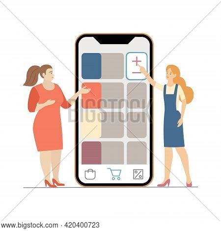Women Shop Online On Website Or Mobile Application. Digital Marketing Purchaising And Payment Vector