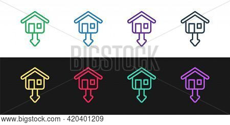 Set Line Property And Housing Market Collapse Icon Isolated On Black And White Background. Falling P