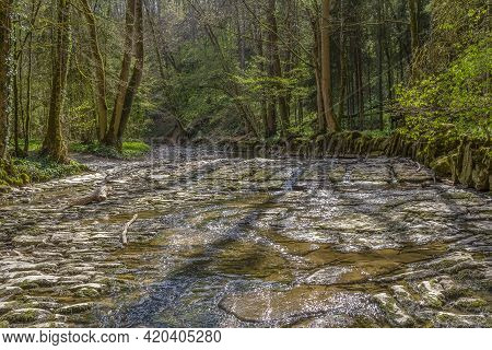Idyllic Scenery At River Kupfer In Hohenlohe, An Area In Southern Germany At Early Spring Time