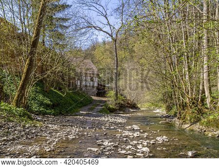 Idyllic Scenery At River Kupfer In Hohenlohe, An Area In Southern Germany At Early Spring Time