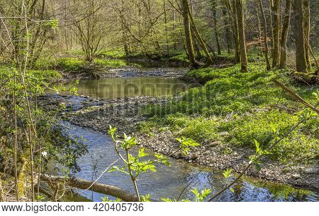 Idyllic Scenery At River Kupfer In Hohenlohe, An Area In Southern Germany At Early Spring Time