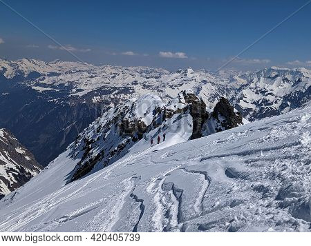 Ski Tour In The Swiss Mountains With A Fantastic View Of The Snowy Mountains. Urnerboden Piz Russein