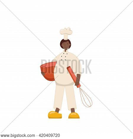 Afroamerican, Meksikan Cook Woman With Chef Hat, Uniform And Kitchenware, Cookware. Vector Stock Ill