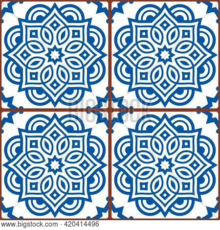 Moroccan Mandala Tile Seamless Vector Pattern In Blue On White Background, Gometric Ornamental Texti