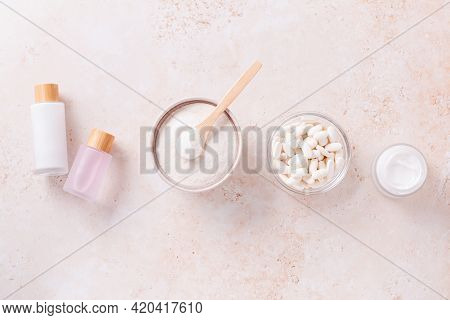 Different Types Of Collagen For Skin Care. Collagen In Powder, In Tablets, In Moisturizer, In Serum