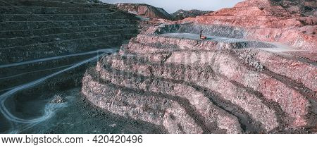 Stone Crusher Machine On Top Of Open Pit Mine Terraces. Panorama Of Gravel Quarry In Pyrga Area, Cyp