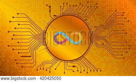Dfinity Internet Computer Icp Cryptocurrency Token Symbol In Circle With Pcb Tracks On Gold Backgrou