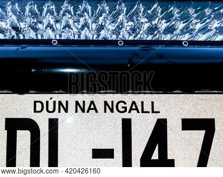 Donegal, Ireland - May 14 2021 : Pickup From Uk Getting A Brand New Irish Car Registration Plate - T