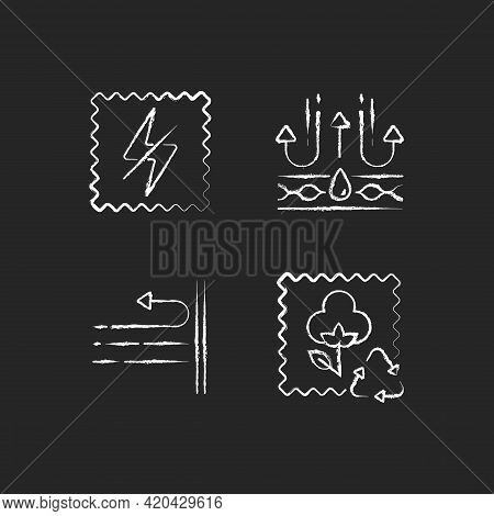 Different Fabric Features Chalk White Icons Set On Black Background. Antistatic Textile Property. Me