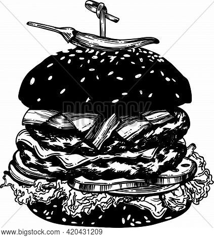 Vector Illustration Of A Burger. Hamburger In Black And White. Linear Vector Drawing.
