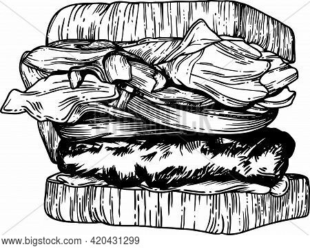 Vector Illustration Of A Burger. Hamburger In Black And White. Linear Vector Drawing.