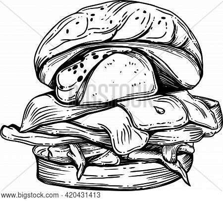 Vector Illustration Of A Burger. Hamburger In Black And White. Linear Vector Drawing.