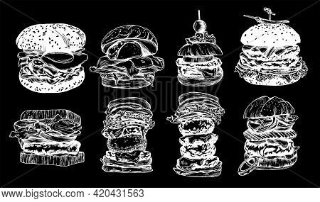 Vector Illustration Of A Burger. Hamburger In Black And White. Linear Vector Drawing.