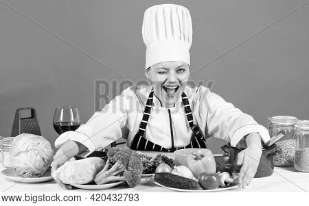 Commit To Be Fit. Chef Cook In Commercial Kitchen. Professional Chef With Healthy Products. Happy Sm