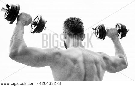 Sportsman With Strong Back And Arms. Sport Equipment. Bodybuilding Sport. Sport Lifestyle. Dumbbell 
