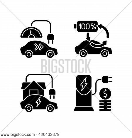 Electric Vehicle Charging Black Glyph Icons Set On White Space. Types Of Charging Connectors For Ele
