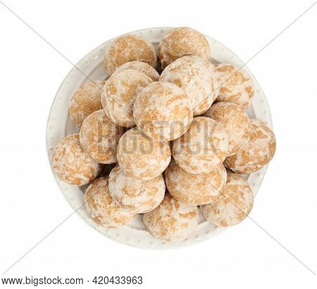 Tasty Homemade Gingerbread Cookies On White Background, Top View