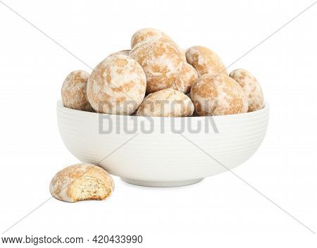 Tasty Homemade Gingerbread Cookies In Bowl On White Background