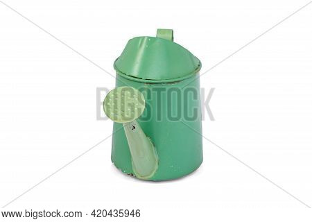 Empty Decorative Green Metal Watering Can Zinc Coated With One Handle Cup Isolated On White Backgrou
