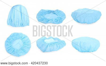 Set With Waterproof Shower Caps On White Background