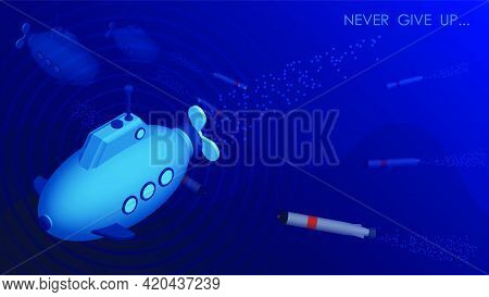 Friendly Submarines Rescue An Ally From Torpedo Attack. Navy Forces, Submarine Fleet. Vector