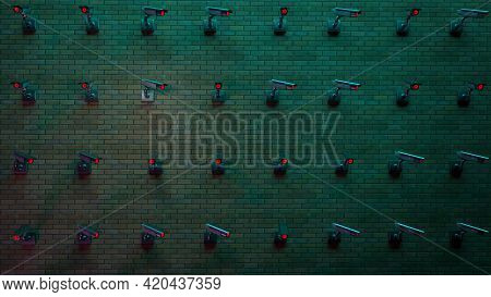 Dark Brick Wall With Lots Of Cctv Security Cameras With Glowing Red Lights. Background Image 3d Redn