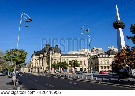 Bucharest, Romania, 8 November 2020: The Main Building Of The Central University Library With Equest