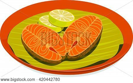 Vector Illustration Of Seer Fish Fry Garnished With  Lemon Slices Which Is Placed  On Banana Leaf Li