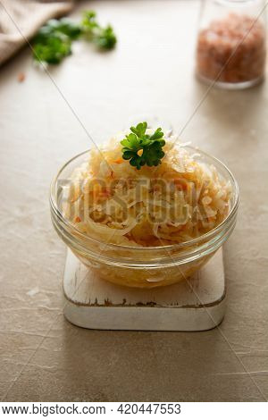 Pickled Cabbage And Carrots, Probiotics Source, Healthy Food. Fermented Vegetable
