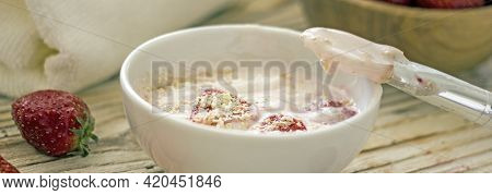 Homemade Strawberry Face Mask. Diy Natural Home Cosmetics Mask With Oatmeal, Cream, Strawberries. Au