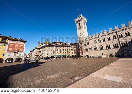 Cathedral Square In Trento Downtown (piazza Del Duomo) With The Neptune Fountain, Civic Tower, Praet