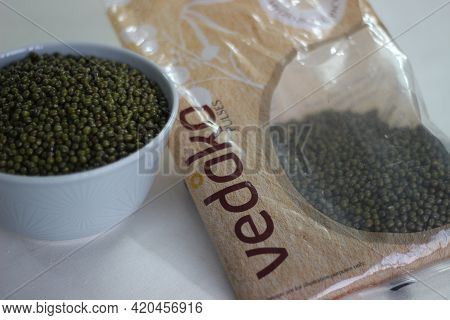 Mumbai, Maharashtra, India, April 24 2021: Transparent Packaging Of Greengram By Vedaka Pulses, A Br