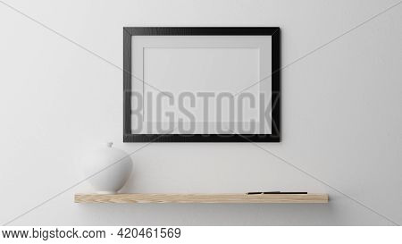 Poster Mockup On A White Wall With A Black Frame. Cgi Image, 3d Rendering, 3d Illustration