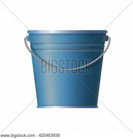 Metal Blue Bucket. Simple And Ordinary. For Housework. Old Style. Vector Illustration. Isolated Whit
