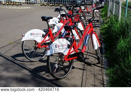 Bucharest, Romania, 24 April 2021: Citylink Public Bike Sharing Bicycles In A Public Park, Available
