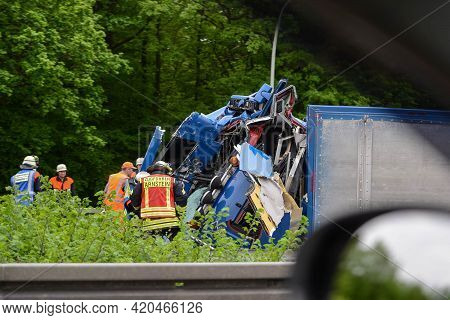 Stuttgart, Germany - June, 2016: An Accident On The Road, The Car Flew Off The Road.