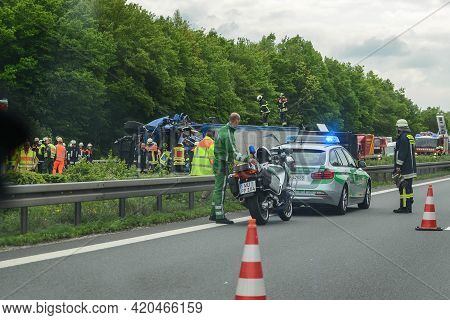 Stuttgart, Germany - June, 2016: An Accident On The Road, The Car Flew Off The Road.