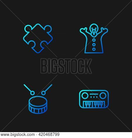 Set Line Toy Piano, Drum With Drum Sticks, Puzzle Pieces Toy And Puppet Doll On Hand. Gradient Color