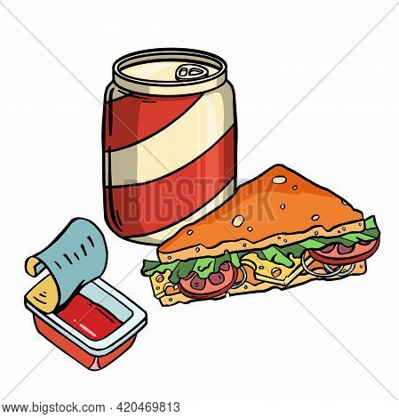 Latte And Sandwich. Hand Drawn Outline Sketch Vector Illustrationt With Color Fills Isolated On Whit