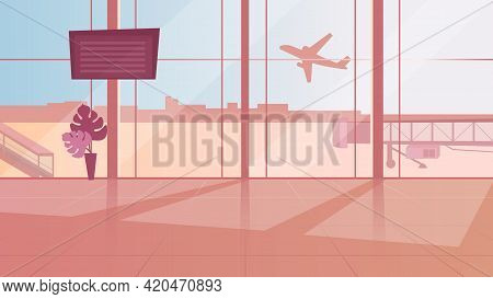 Empty Airport Waiting Room Flat Vector Illustration. Terminal Sunlit Hall With Panoramic Windows. Mo