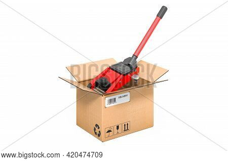 Hydraulic Floor Jack Inside Cardboard Box, Delivery Concept. 3d Rendering Isolated On White Backgrou