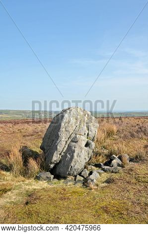 Large Old Boulder Or Standing Stone On Midgley Moor In West Yorkshire Known As Robin Hoods Penny Sto