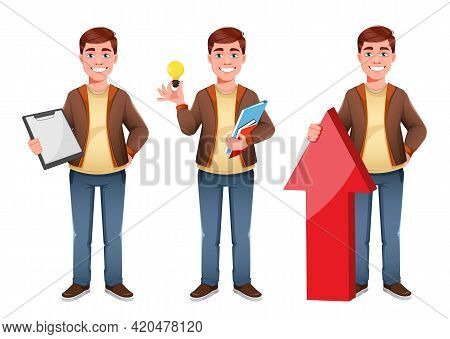 Handsome Business Man, Set Of Three Poses. Young Businessman Cartoon Character In Flat Style. Stock 