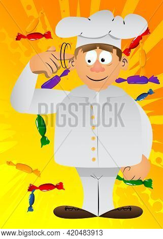 Fat Male Cartoon Chef In Uniform Shows A You're Nuts Gesture By Twisting His Finger Around His Templ