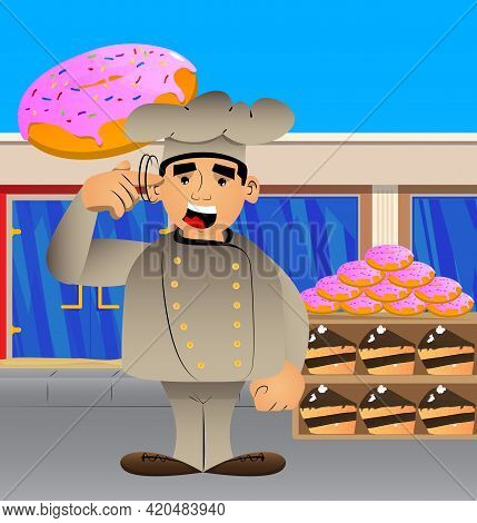 Fat Male Cartoon Chef In Uniform Shows A You're Nuts Gesture By Twisting His Finger Around His Templ